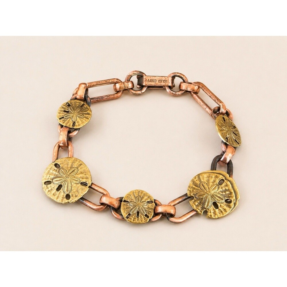 Vintage Solid Copper Sand Dollar Link Bracelet Handmade Coastal Beach Boho